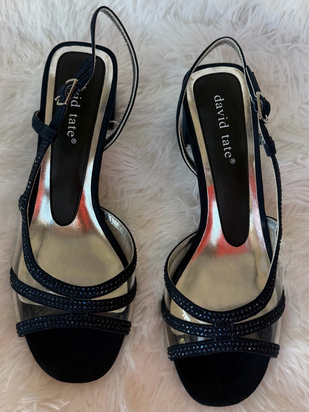 David Tate Navy Crystal-Strap Slingback Heels